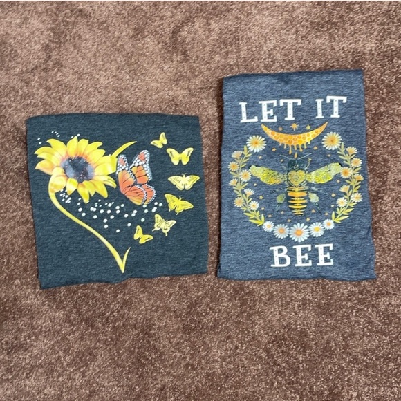 Set of 2 dark heather grey tshirts Let It Bee 🐝 & sunflower 🌻 butterflies 🦋 - Picture 3 of 10